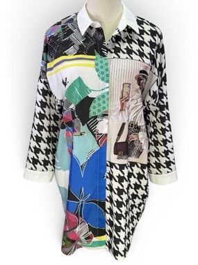 Tricotto Women's Houndstooth Fashion Graphic Print Button Down Shirt Size S